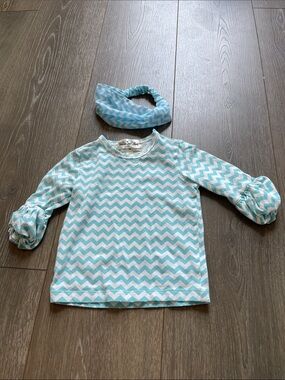 Matilda Jane Aqua and White Chevron Long-Sleeve Top with Matching Headband